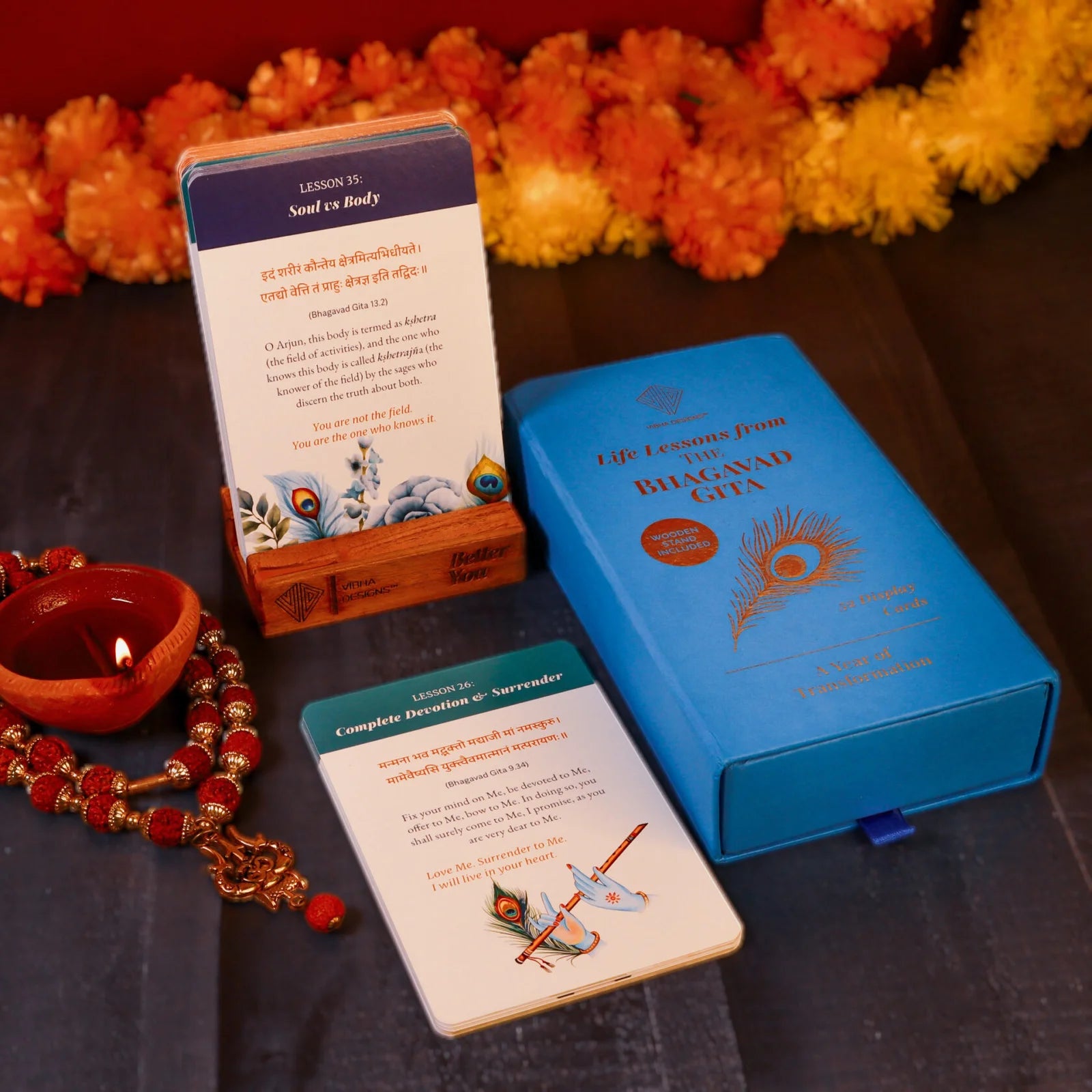 Bhagavad Gita 52 Shlokas Card Deck with Wooden Stand