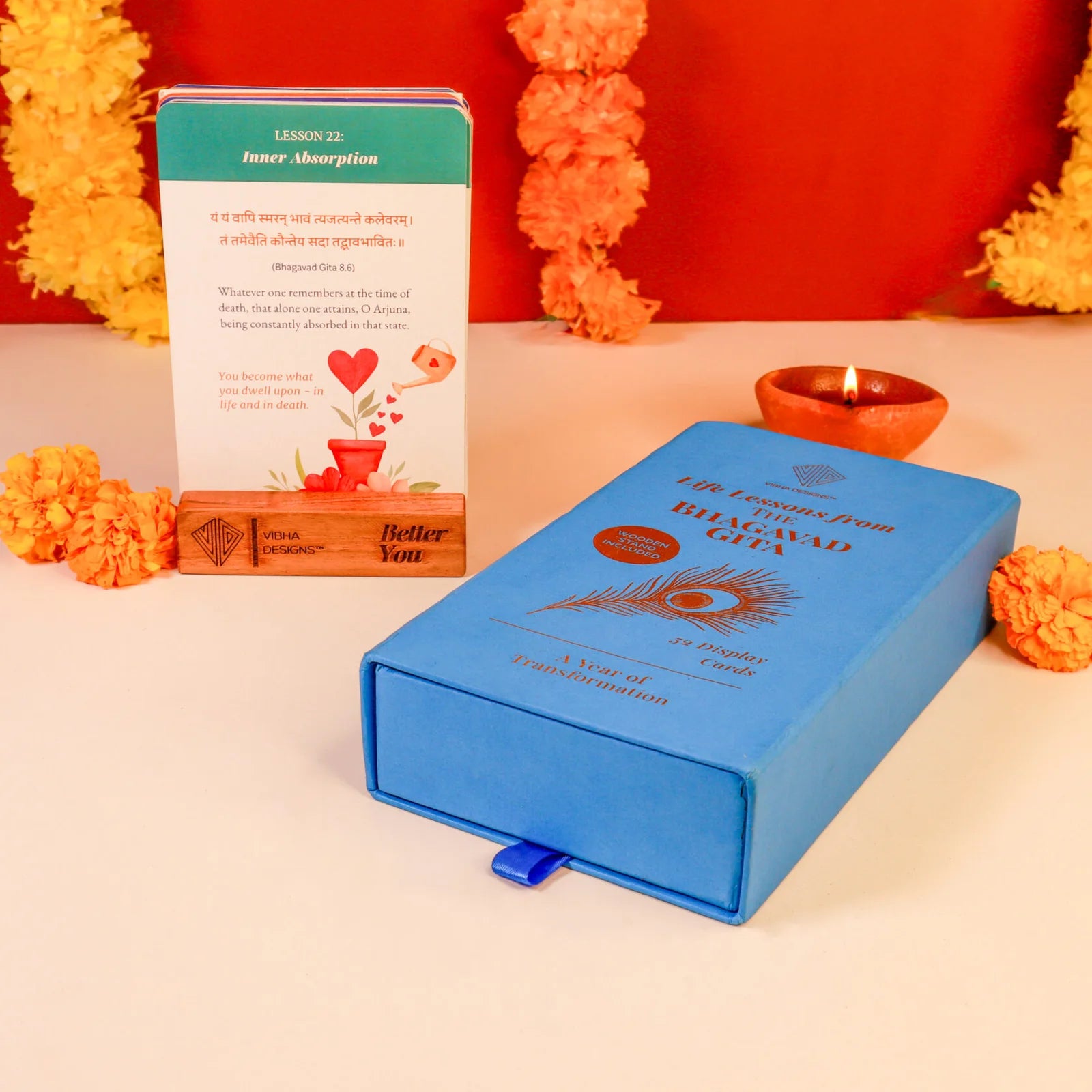 Bhagavad Gita 52 Shlokas Card Deck with Wooden Stand